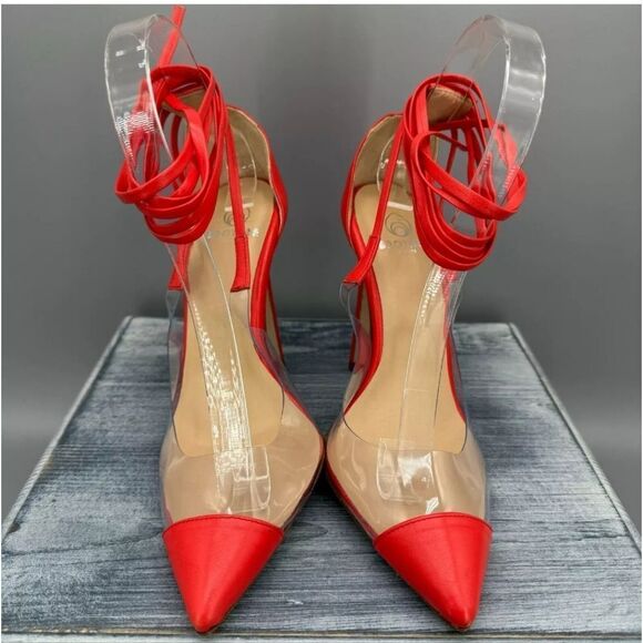 New Brother Vellies De Fleur Ankle Tie Pointed Toe Pumps Red Orange high heels 8 - Picture 4 of 8